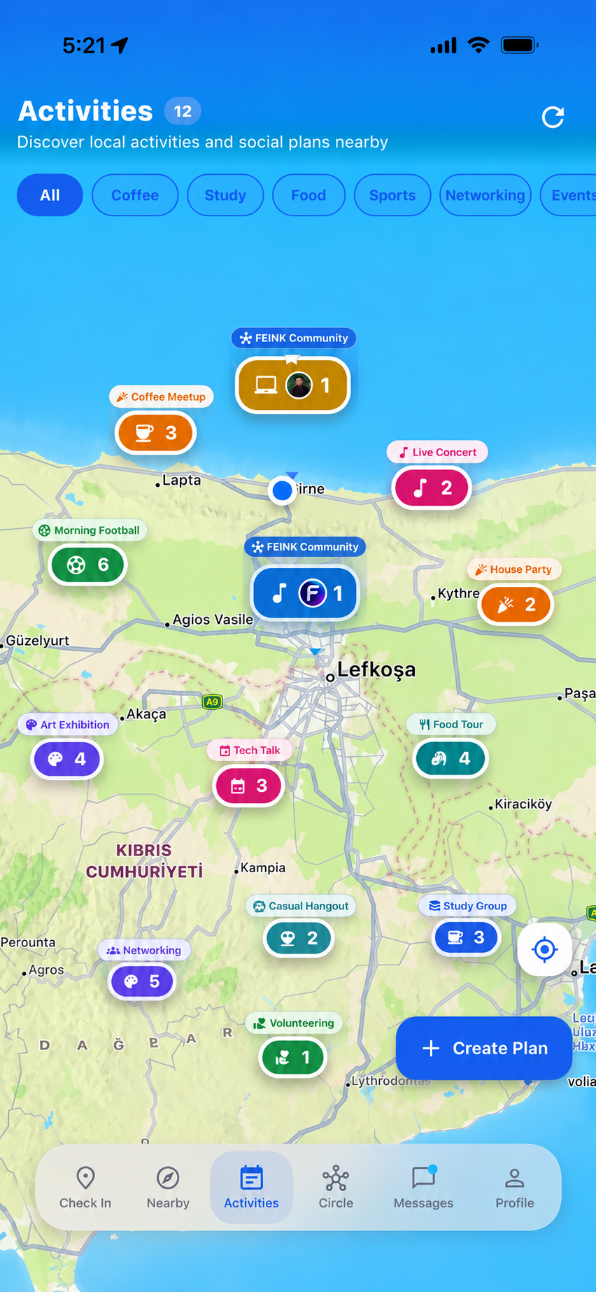 Feink Activities map screen