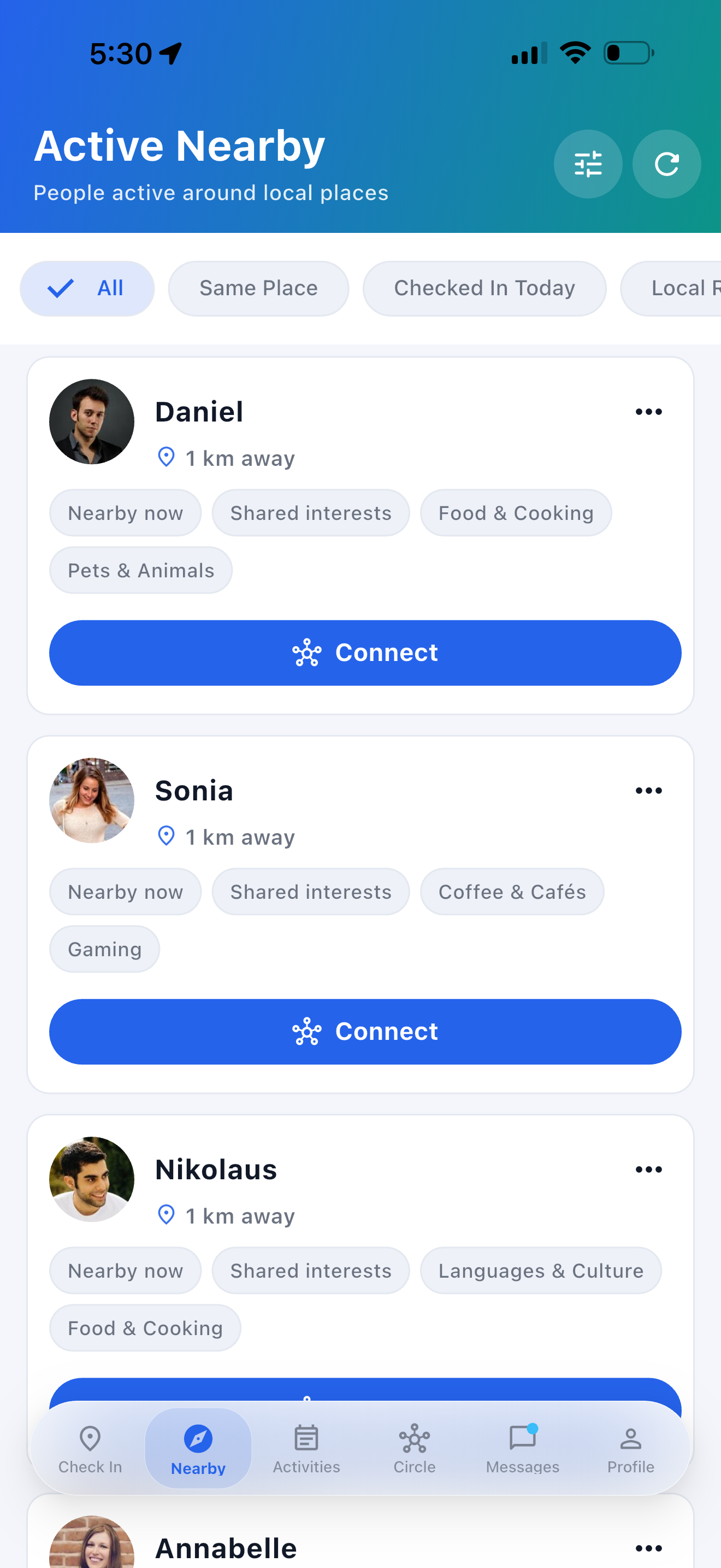 Feink Active Nearby screen